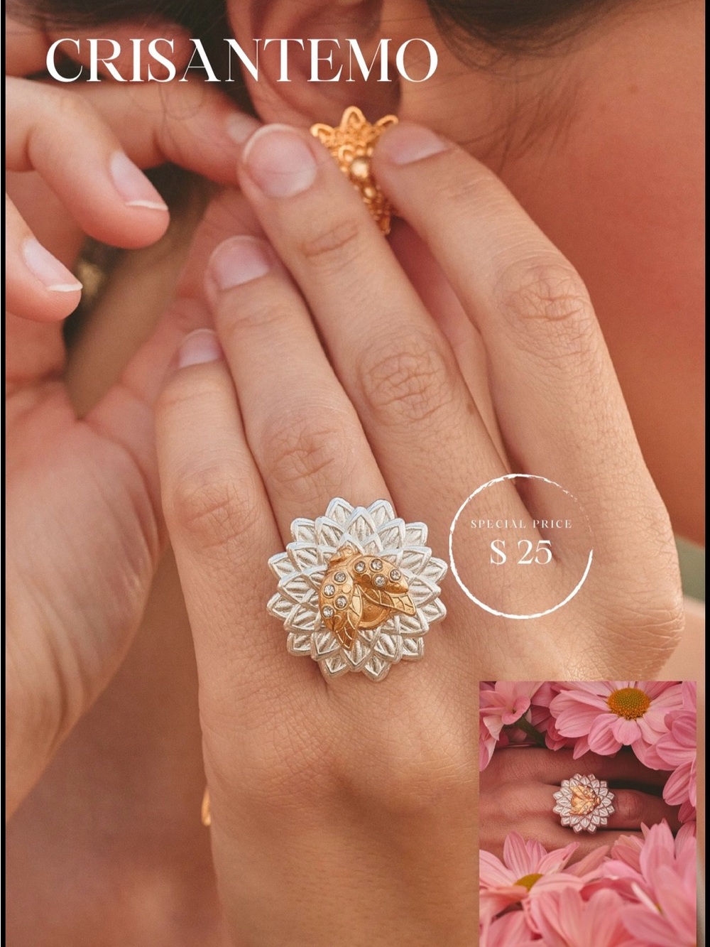 Two-Tone Floral Statement Ring - Gold & Silver
